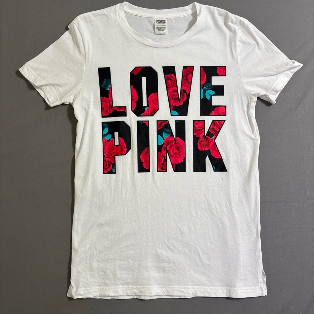 VICTORIAS SECRET PINK LOVE PINK TROPICAL FLORAL CREW TEE SHIRT Sz XS Please read